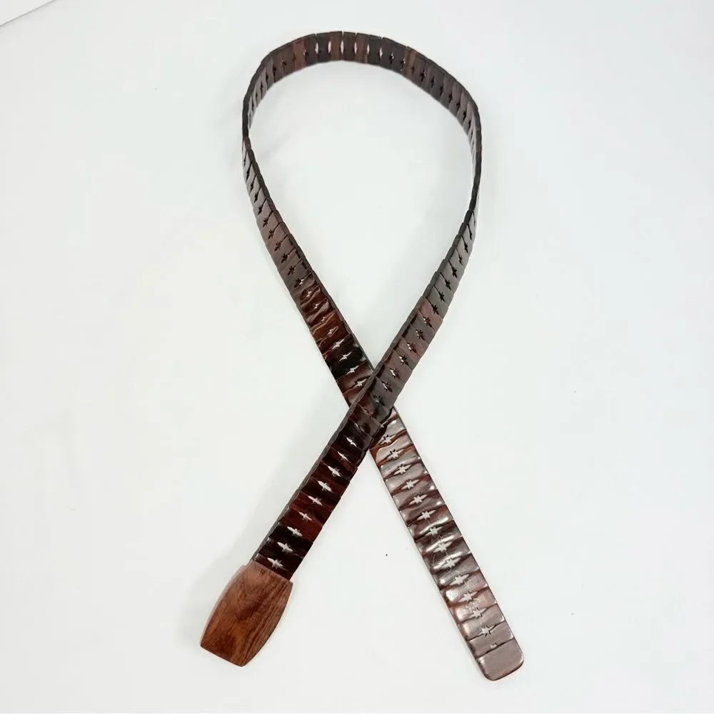 Vintage Brown All Wood Adjustable Size Star Slit Wood Buckle Belt
